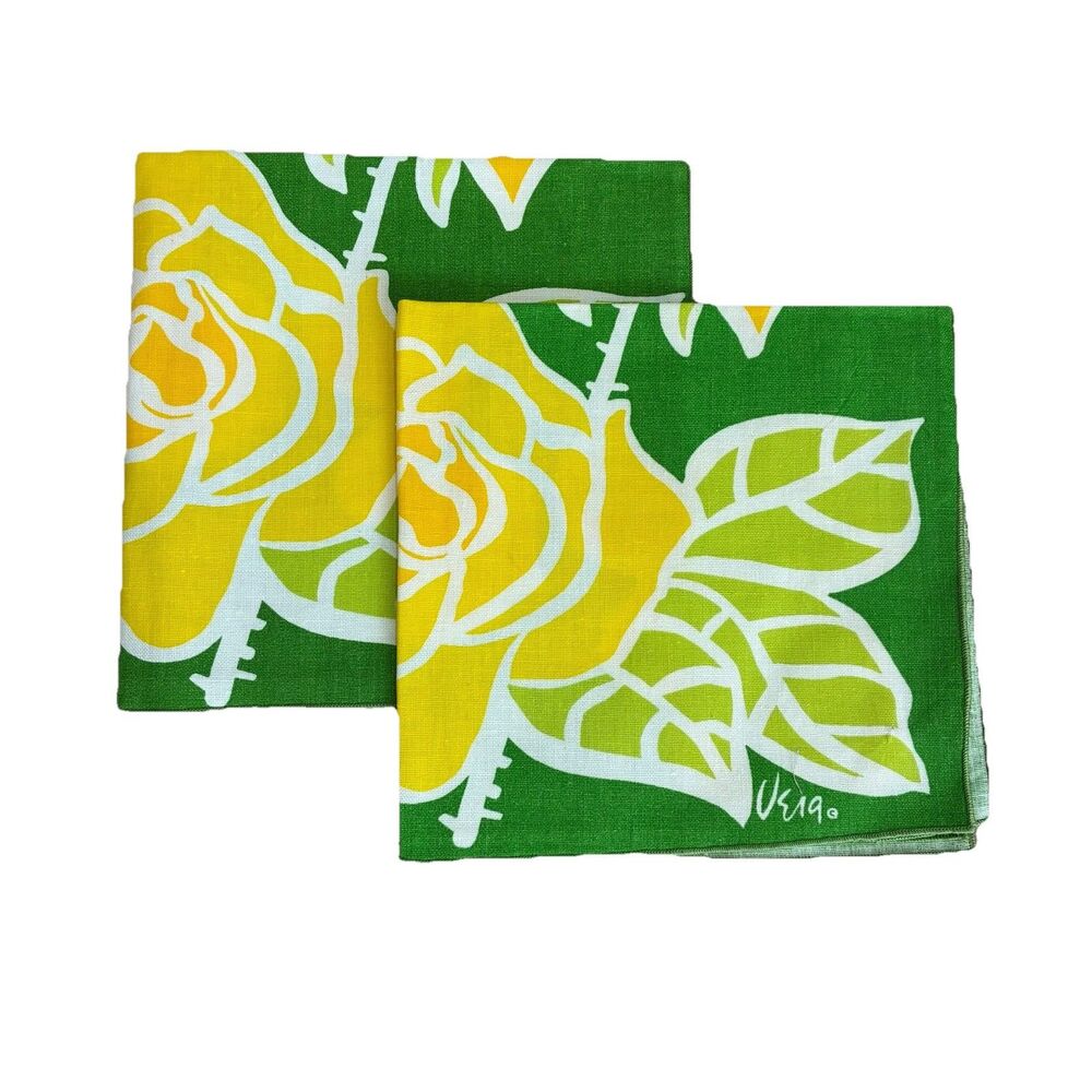 Vintage Vera Neumann Linen Cloth Napkins  Set of 2 Yellow Roses 17x17